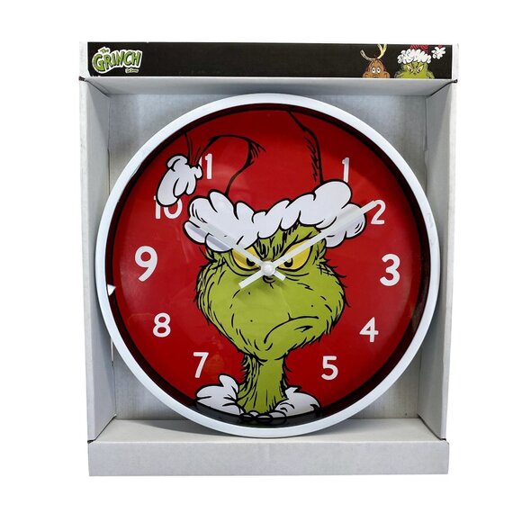 Dr. Seuss The Grinch 12" Red Wall Clock With Santa Hat Design Kids Room - Picture 1 of 4